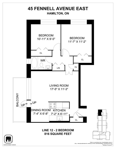 A floor plan for a 2 bedroom apartment at 45 Fennell Avenue East, Hamilton, Ontario.